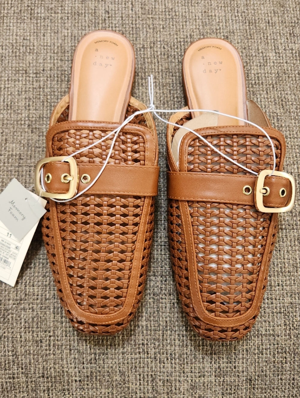 a new day Woven Leather Slide Mules in Tan with Gold Buckles 11